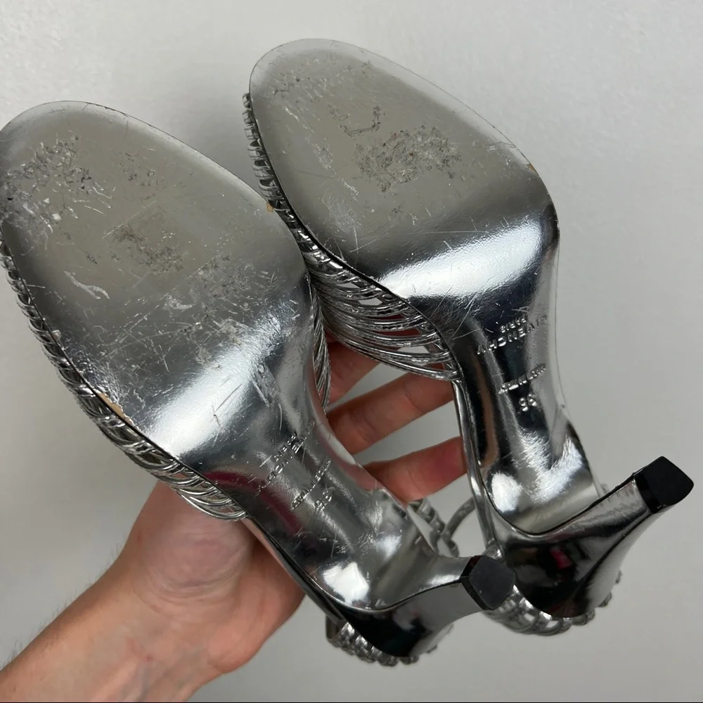 Givenchy Silver Metallic T-Strap Heeled Sandals - Picture 10 of 12